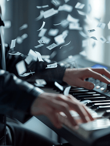 音乐钢琴背景摄影照片_音乐家在模糊的背景中用纸质音符演奏音乐合成器