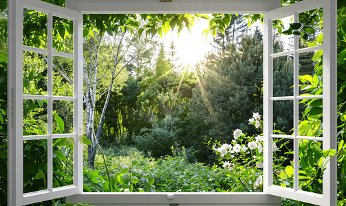 护肤美妆首页摄影照片_从打开的窗户看到绿色花园