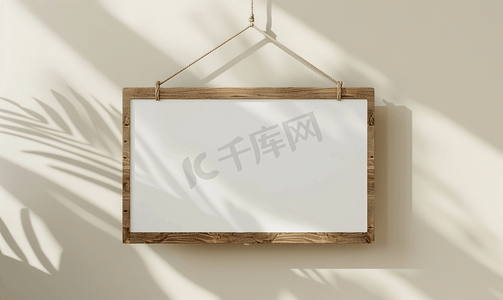 木牌挂摄影照片_米色背景上挂着的空白白色木牌模拟模板
