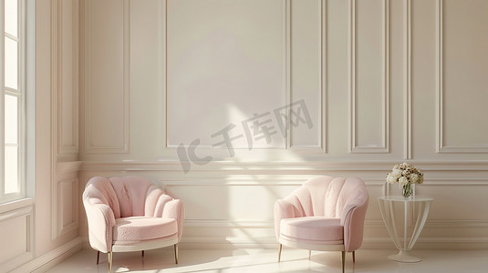 简约方形底图摄影照片_粉红色休闲椅和茶几简约客厅摄影图