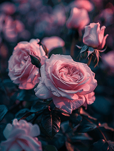 夏季美容摄影照片_晚间花园中的粉红玫瑰夏季花朵花卉背景