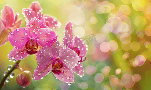 宣传单模板摄影照片_树上美丽的粉红色兰花花上面有水滴