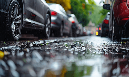 雨后城市摄影照片_停在潮湿肮脏的道路一侧的汽车长焦特写有选择的焦点