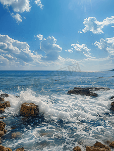 波浪海浪摄影照片_有白色波浪的岩石海滩深蓝色海景和蓝天