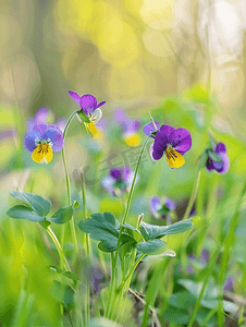 韭菜三叶一心摄影照片_春天阳光明媚的森林中野生三色紫罗兰在绿色模糊背景特写