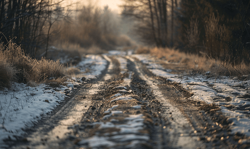 冬季解冻日光下的质朴公路轨道没有人有选择的焦点