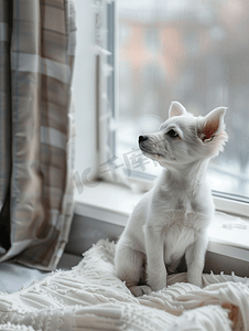 可爱的小白狗正坐在窗户附近的白色格子上