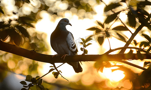 日出的风摄影照片_树枝上的鸽子树上鸽子的剪影夏天一只鸟