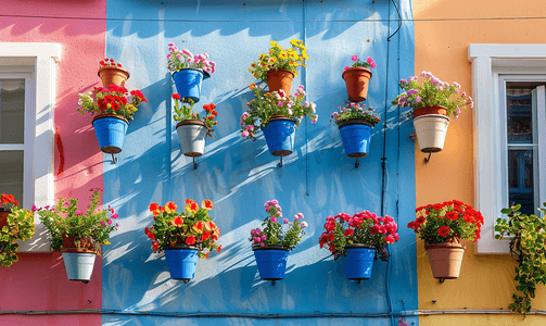 单个门摄影照片_博兹贾阿达彩色墙壁和窗户上挂着花盆