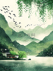 青山碧水中国水墨画设计图