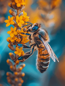 夏日时光摄影照片_夏日傍晚蜜蜂倒挂在一株黄花上