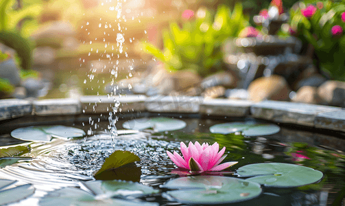 自然喷泉摄影照片_花园池塘里有睡莲或莲花的喷泉