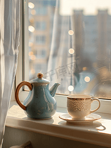 水壶茶壶摄影照片_家里窗台上的茶壶和杯子