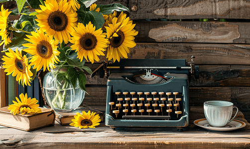 老式打字机与向日葵花瓶一堆书和一个茶杯