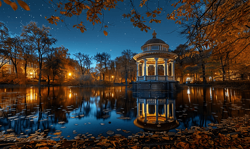 秋季公园的夜晚有池塘和圆形建筑