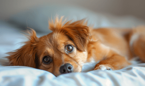 孤独的孩子摄影照片_可爱悲伤的小狗棕色躺在床上