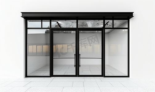 真正的现代黑色店前双玻璃门窗框孤立在白色背景上