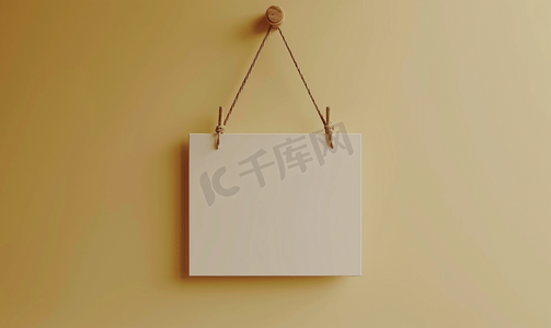 春游模板摄影照片_米色背景上挂着的空白白色木牌模拟模板