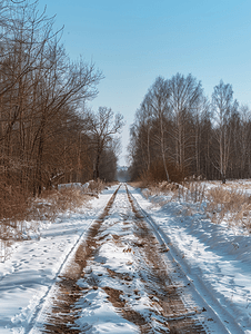冬季解冻日光下的质朴公路轨道无人