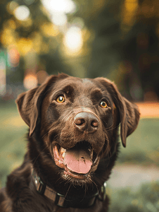 散步摄影照片_夏日公园散步时巧克力拉布拉多猎犬的特写