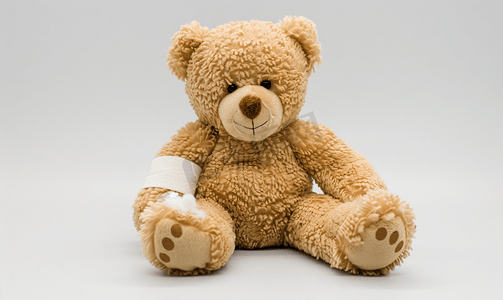白背景图片摄影照片_受伤的泰迪熊白底带绷受伤的泰迪熊带绷