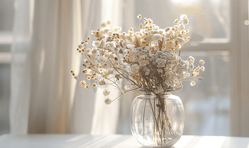 抖音短视频背景图片摄影照片_斯堪的纳维亚美食背景下玻璃花瓶中的干花花束