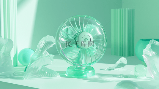 风扇强力背景图片_清凉夏天透明薄荷绿色3D风扇3背景