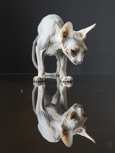 镜子动物摄影照片_斯芬克斯猫滑稽地站在黑镜子上