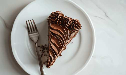 白盘子上的巧克力蛋糕的顶视图
