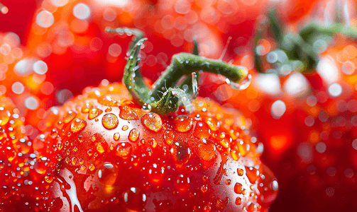 新鲜红樱桃番茄与水滴的宏观照片
