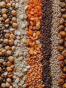 干豆类摄影照片_大量不同的谷物和可食用种子谷物角图案与顶视图
