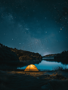夜晚星空下的小湖有短铁轨夏天可以露营