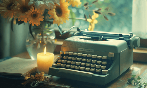 用蜡烛和鲜花的老式打字机