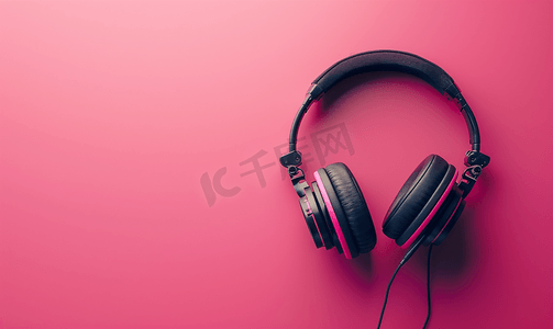 天才音乐摄影照片_音乐聆听概念黑色耳机位于粉红色背景上