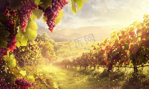 简约叶子框摄影照片_夏末葡萄园里的葡萄