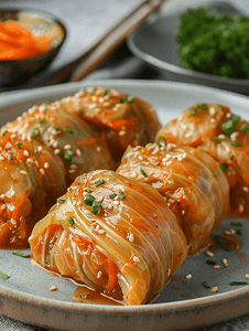 韩国菜酸菜和腌胡萝卜以卷心菜卷的形式