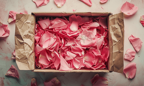 装满花瓣的盒子上撕碎的纸