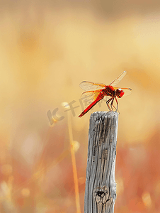卡通金色背景摄影照片_木桩上的红蜻蜓