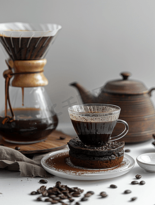 滤器摄影照片_滴滤咖啡滴滤器和滴滤研磨咖啡配有玻璃滴滤壶杯和巧克力蛋糕