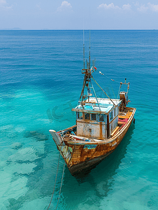 碧蓝航线舰娘摄影照片_泰国清澈碧蓝海水中的渔船旧机