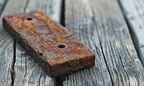 沉重而生锈的旧煤铁躺在木质表面上