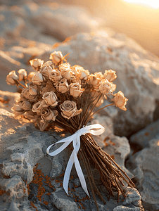 简约叶子框摄影照片_日落时分一束用白丝带绑着的干玫瑰花放在岩石上