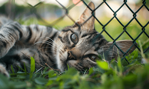 无家可归的灰猫躺在公园篱笆后的绿草地上