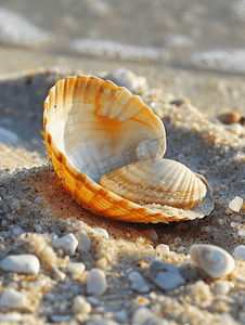 在海角的沙滩上打开蛤壳
