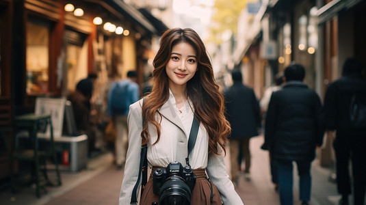 旅行的年轻女孩带着相机高清图片