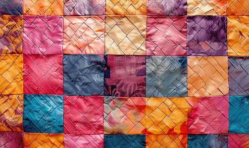 丝绸红色摄影照片_丝绸拼布被子的几何图案