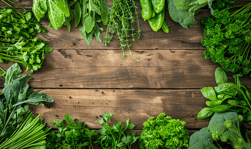 新鲜韭菜摄影照片_木制背景上的框架新鲜绿色蔬菜和香草复制空间