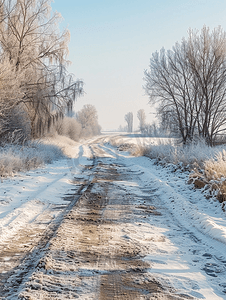 冬季解冻日光下的质朴公路轨道无人
