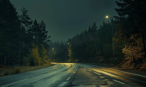 山树背景摄影照片_森林中空旷高速公路的夜景