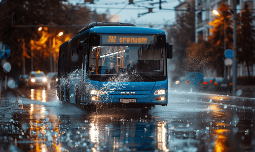蓝色市政巴士在雨路上行驶溅起水花